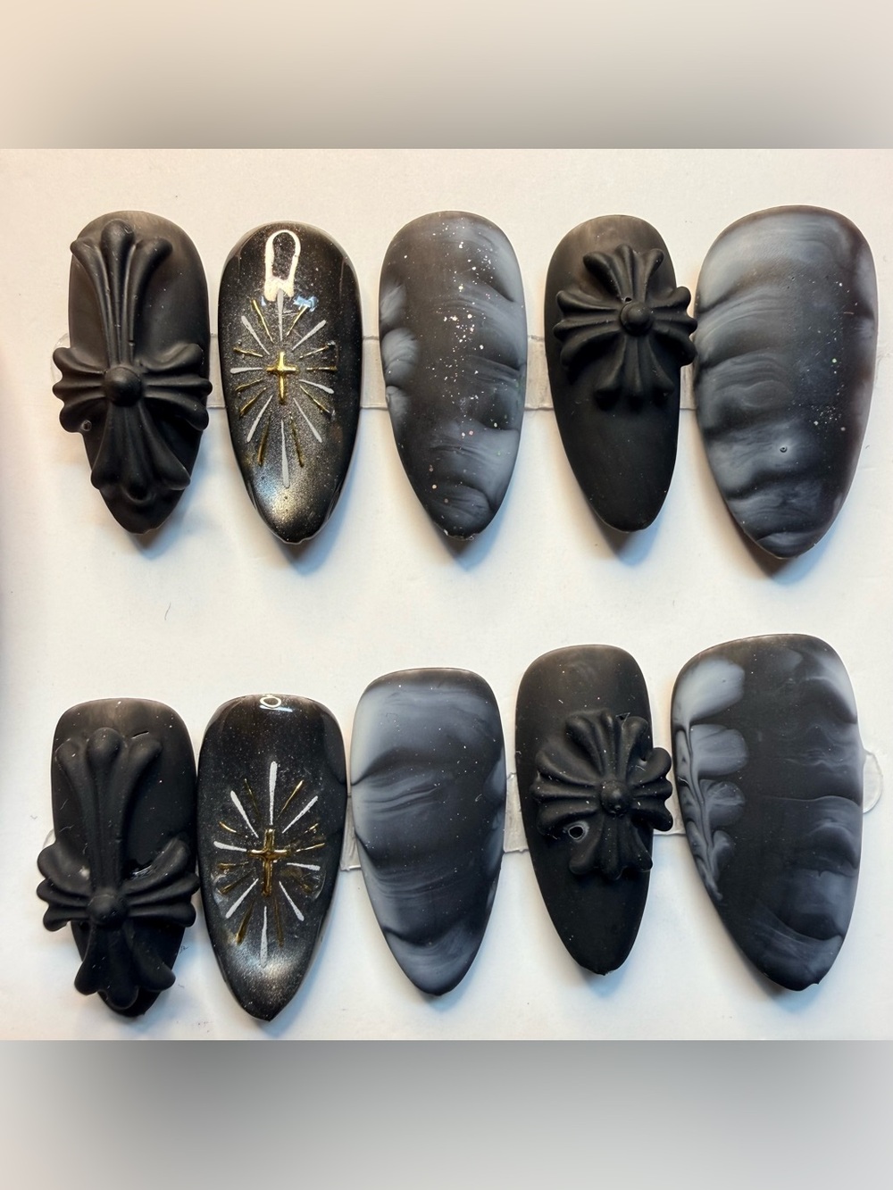 Medium Almond Matte Black & Gray Marble Press-On Nails with Gold Accent
